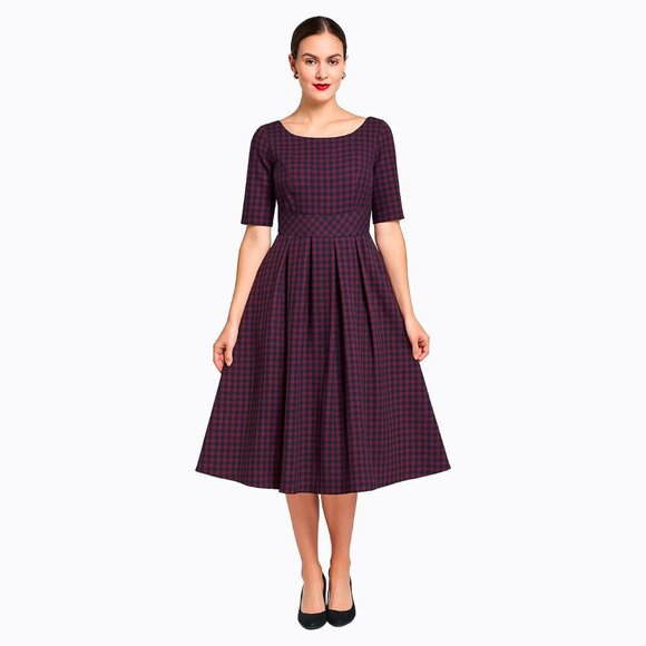 ModCloth Dresses & Skirts - ModCloth Navy Red Plaid Boatneck Midi Dress Pleated Retro Preppy Old Money Sz M